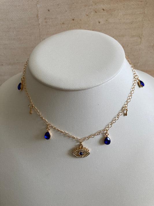 Rhinestone Evil Eye Pendant Choker Necklace (ST865)