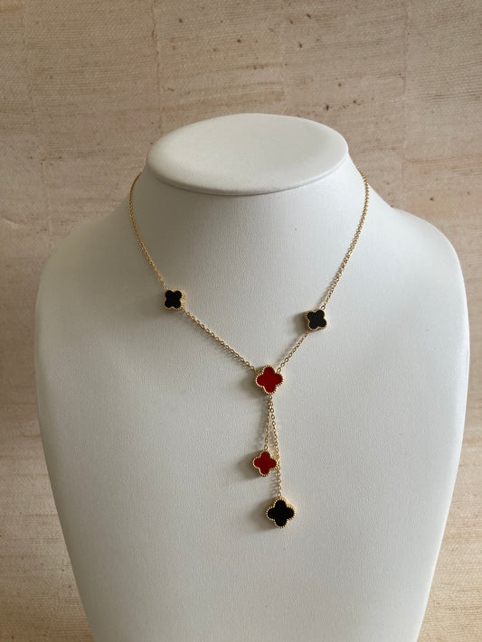 18K Gold Plated Double Sided Clover Long Necklace (ST873) (Red Black)