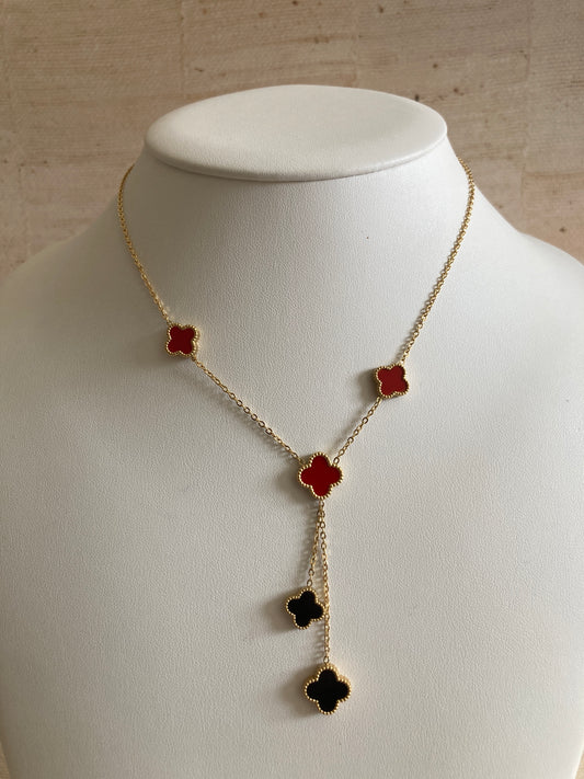 18K Gold Plated Double Sided Clover Long Necklace (ST873) (Red Black)