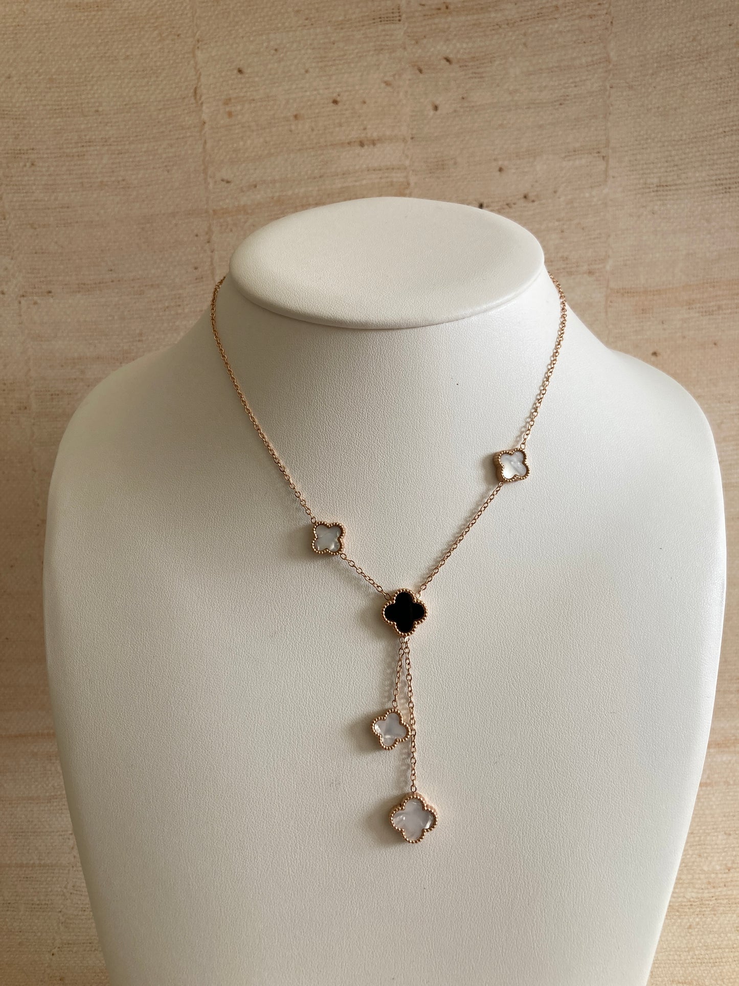18K Gold Plated Double Sided Clover Long Necklace (ST873) (Rose Gold White Black)