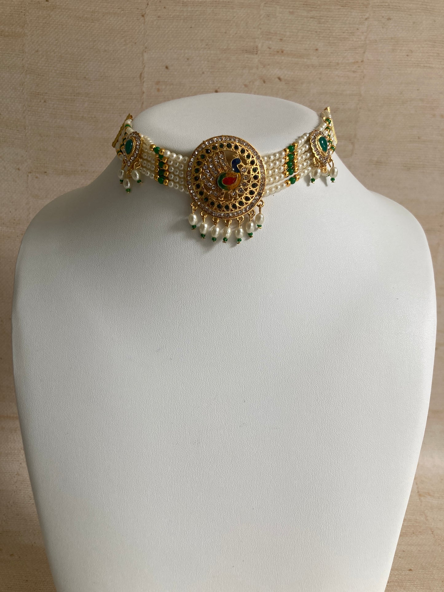 Peacock Gold Plated Austrian Stone And Pearl Choker Necklace Set (ST886) (Green)