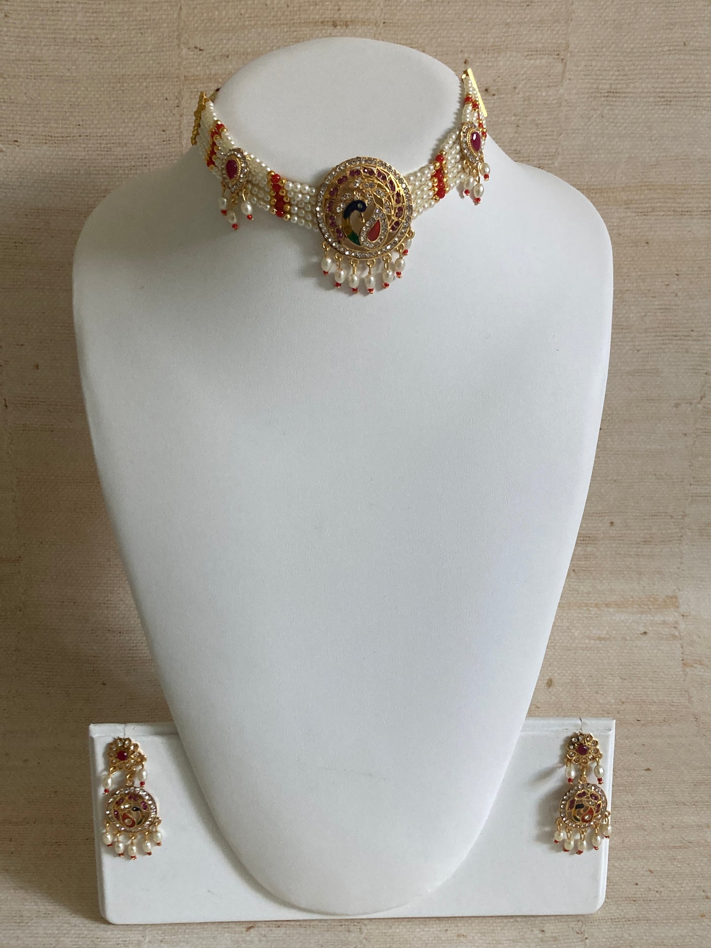 Peacock Gold Plated Austrian Stone And Pearl Choker Necklace Set (ST886) (Red)
