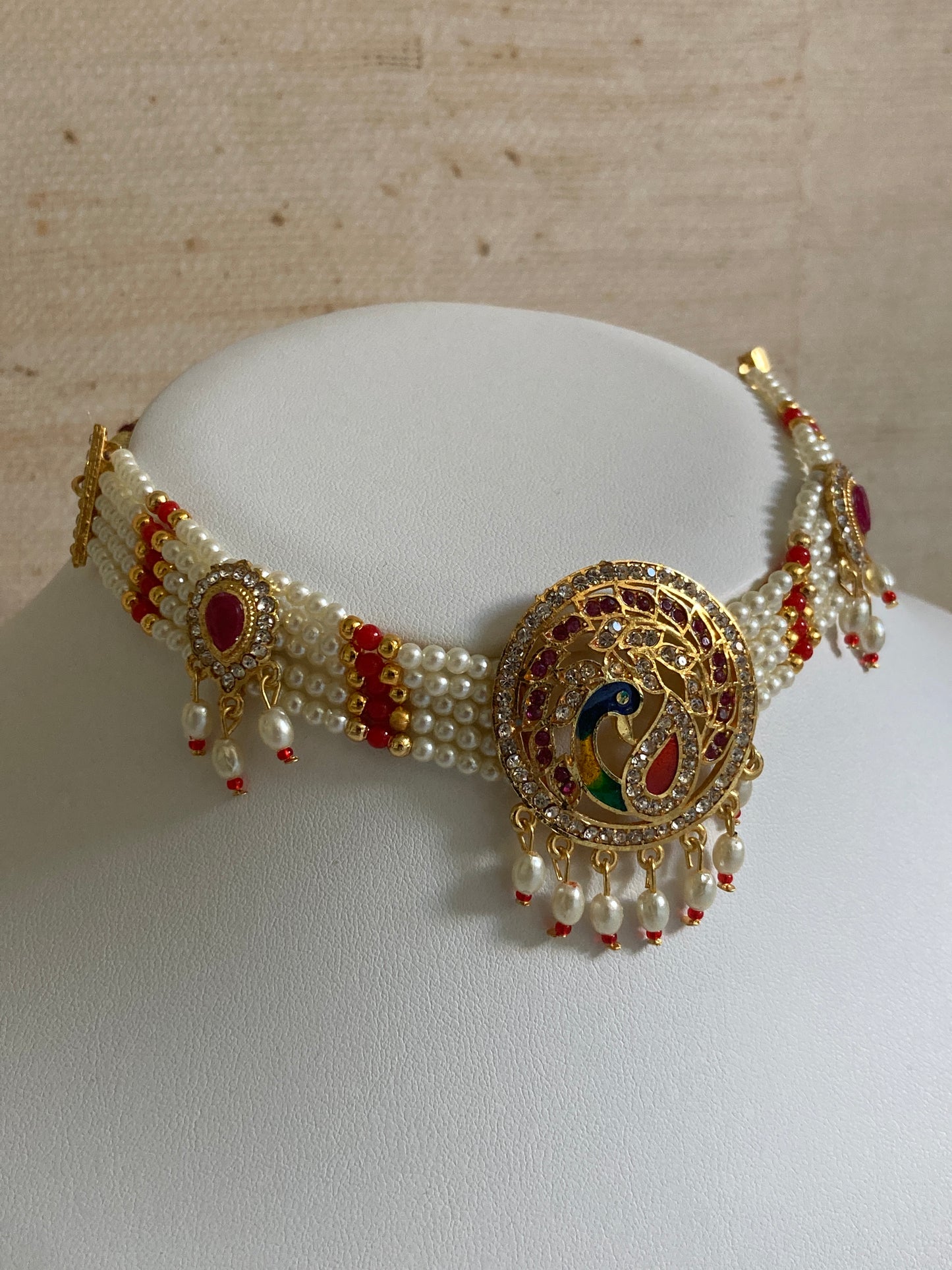 Peacock Gold Plated Austrian Stone And Pearl Choker Necklace Set (ST886) (Red)