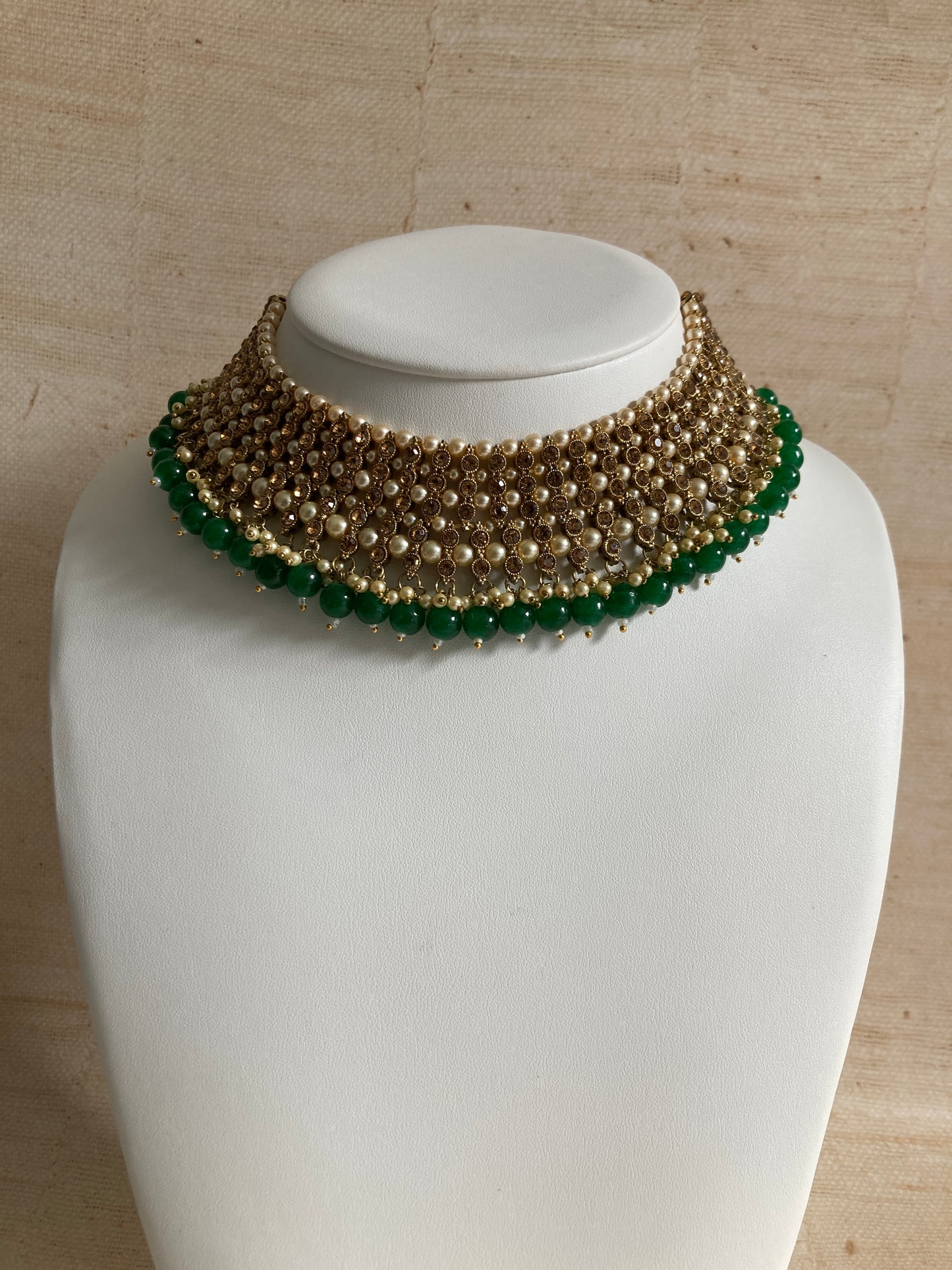 Sapna Gold Plated Emerald Green Pearl Choker Set (ST183)