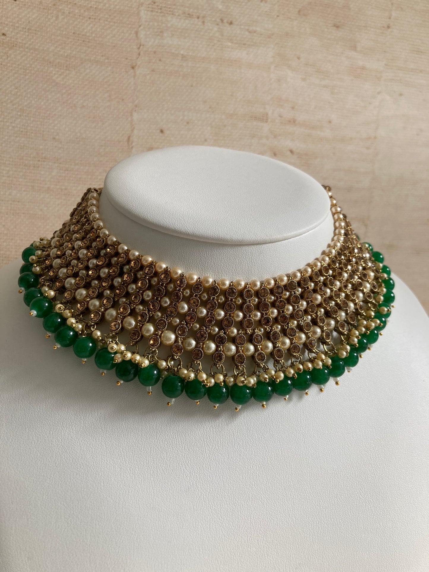 Sapna Gold Plated Emerald Green Pearl Choker Set (ST183)