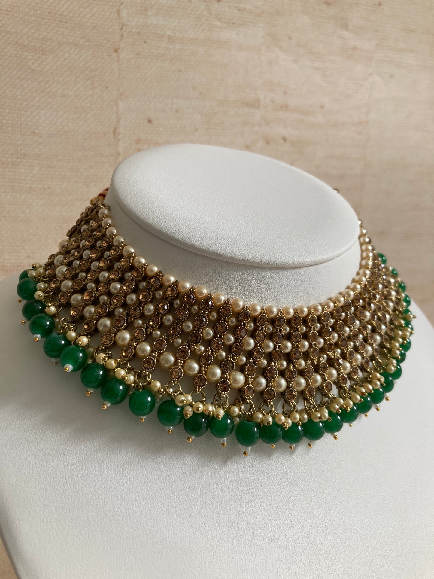 Sapna Gold Plated Emerald Green Pearl Choker Set (ST183)