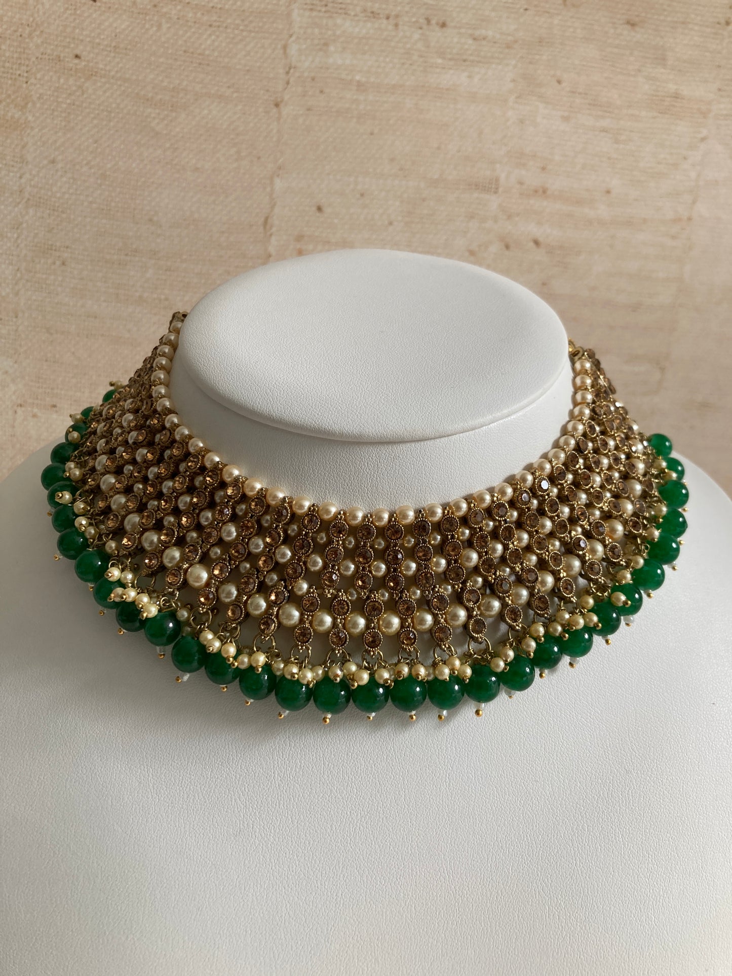 Sapna Gold Plated Emerald Green Pearl Choker Set (ST183)