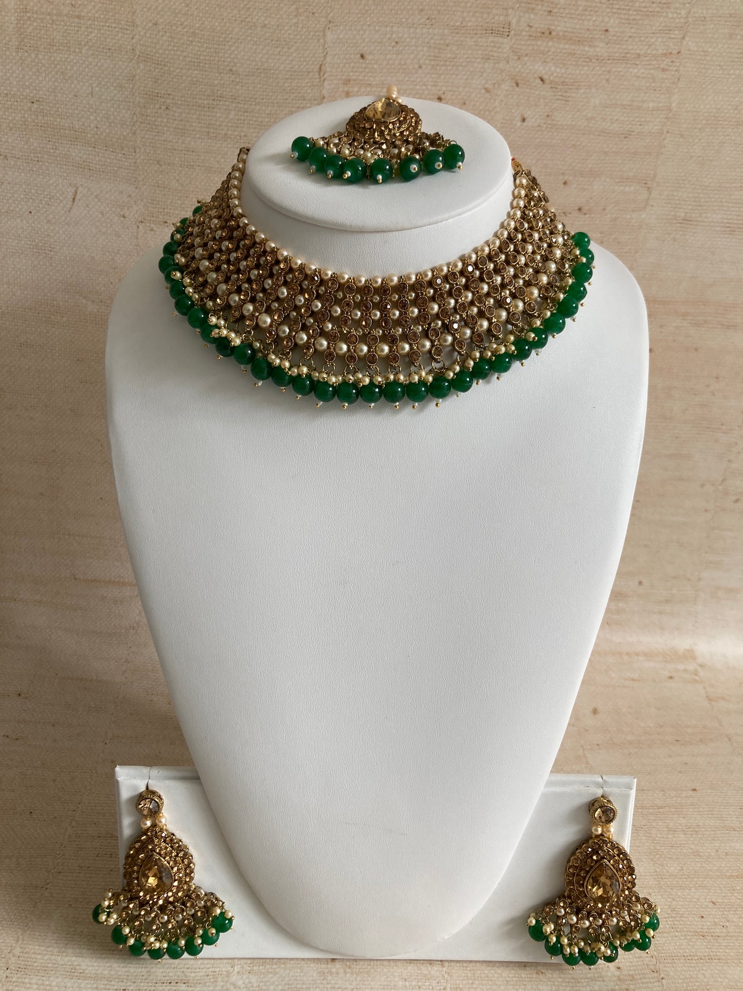 Sapna Gold Plated Emerald Green Pearl Choker Set (ST183)