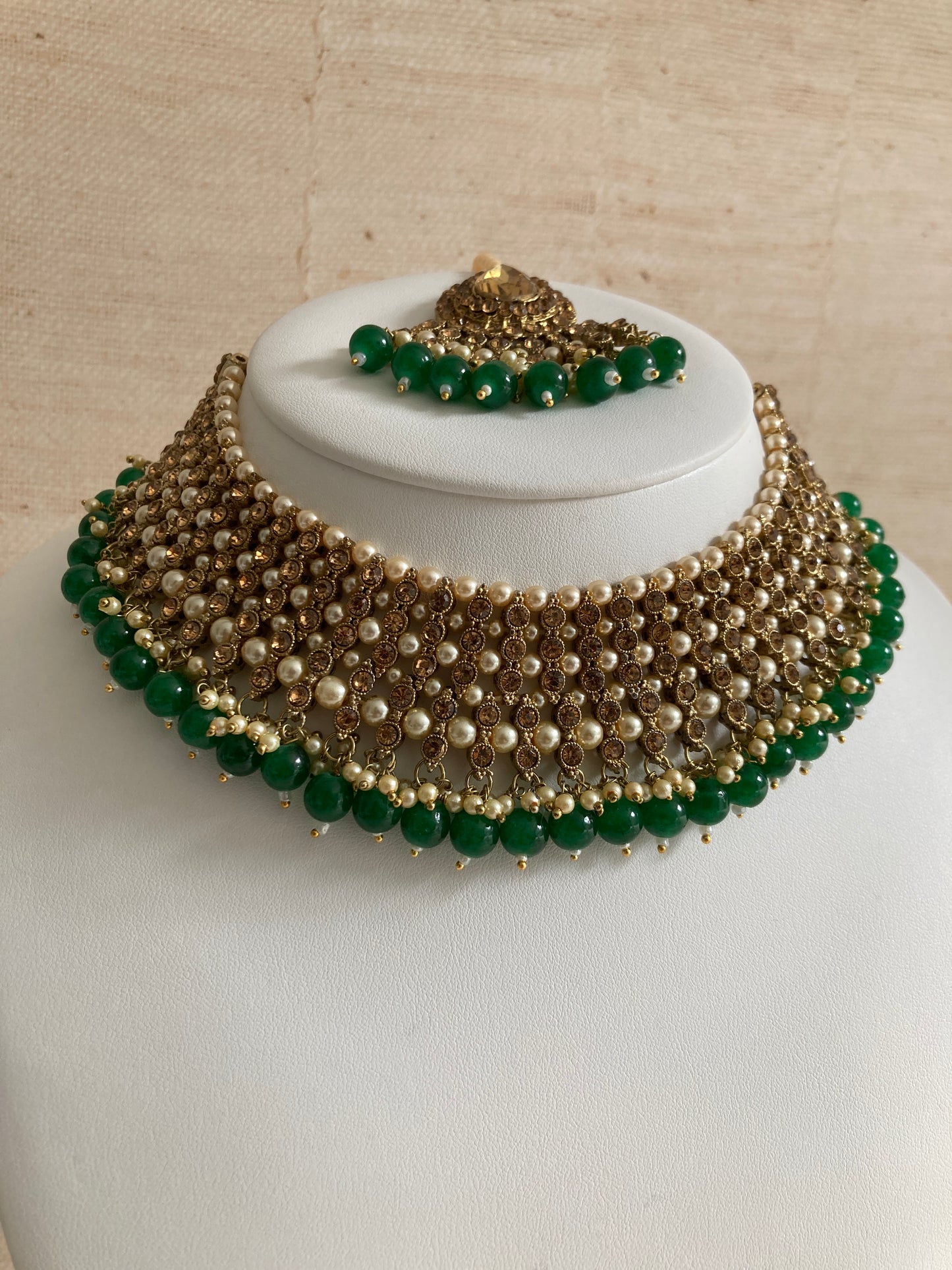 Sapna Gold Plated Emerald Green Pearl Choker Set (ST183)