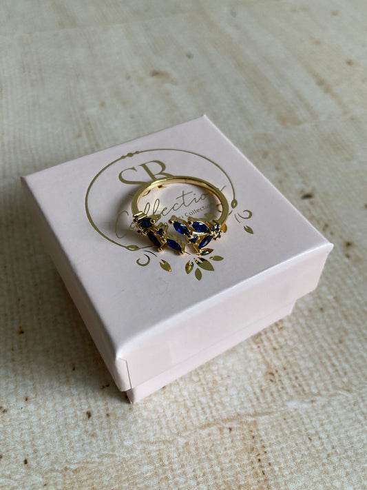 18K Gold Adjustable Dainty Leaf Ring (ST867) (Blue)