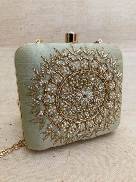 Kiran Mint Green Mandala Design Square Clutch (ST901)