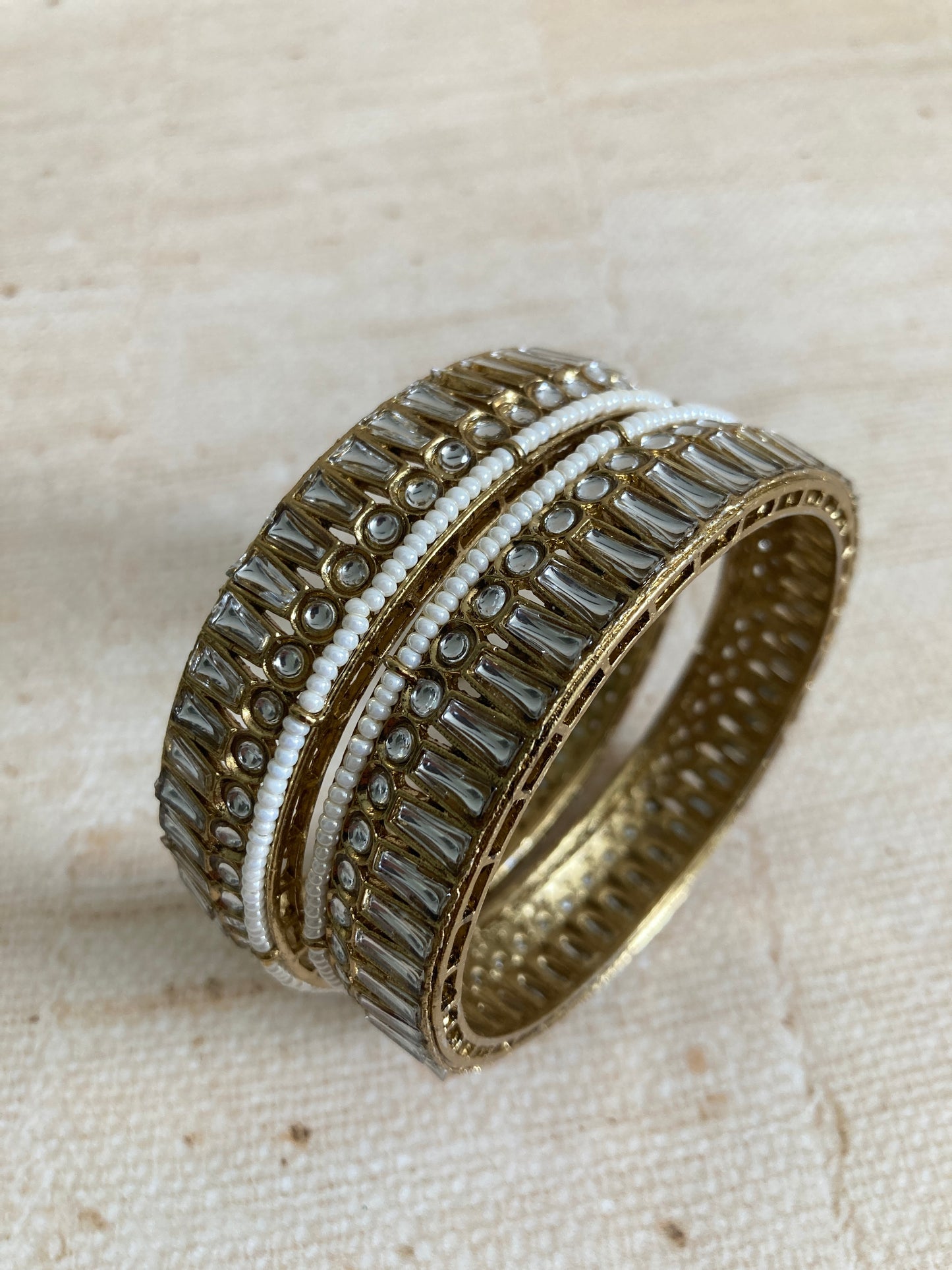 Maeva Antique Gold Kundan Pearl Bangles 2.6 (ST935)