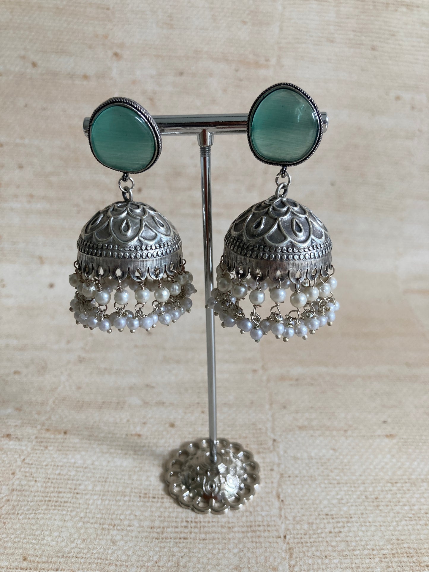 Satya Pearl Mint Oxidised Jhumki (ST940)