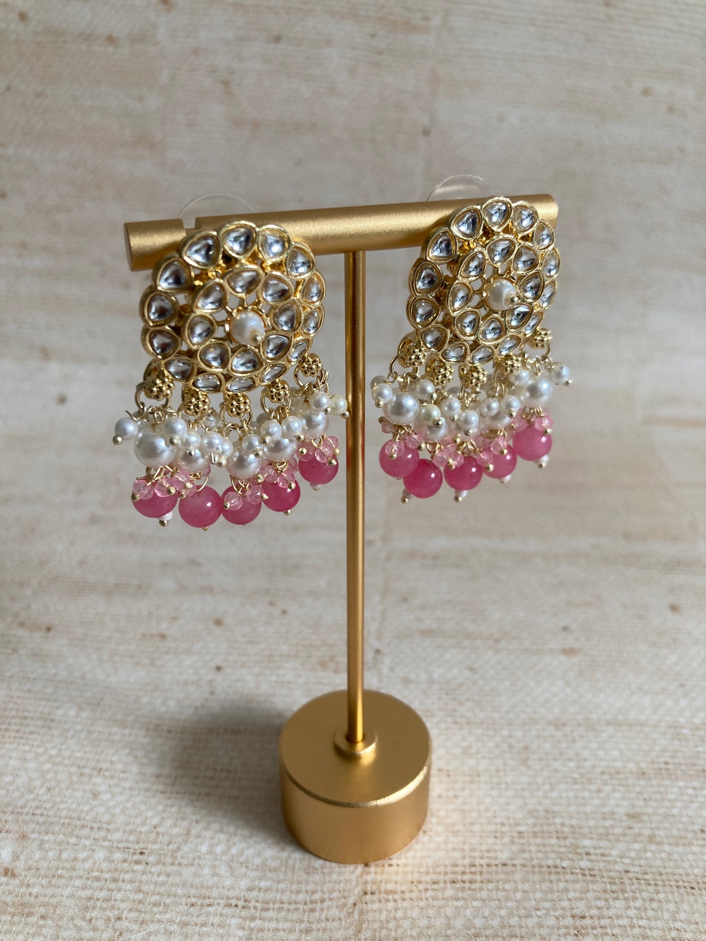 Pink Pearl Dangle Gold Plated Kundan Earrings (ST938)