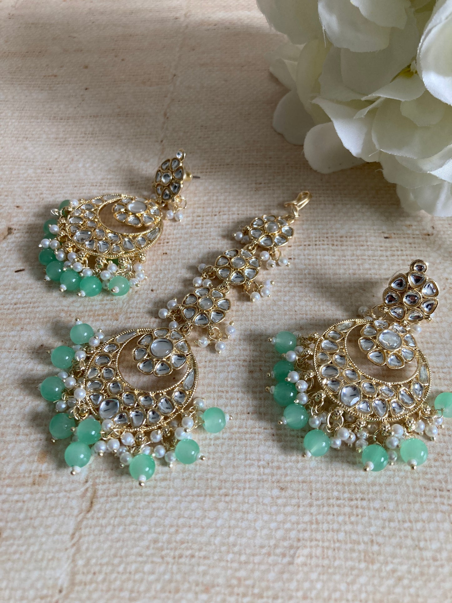 Ila Mint Green Gold Plated Kundan Earrings And Tikka Set (ST943)
