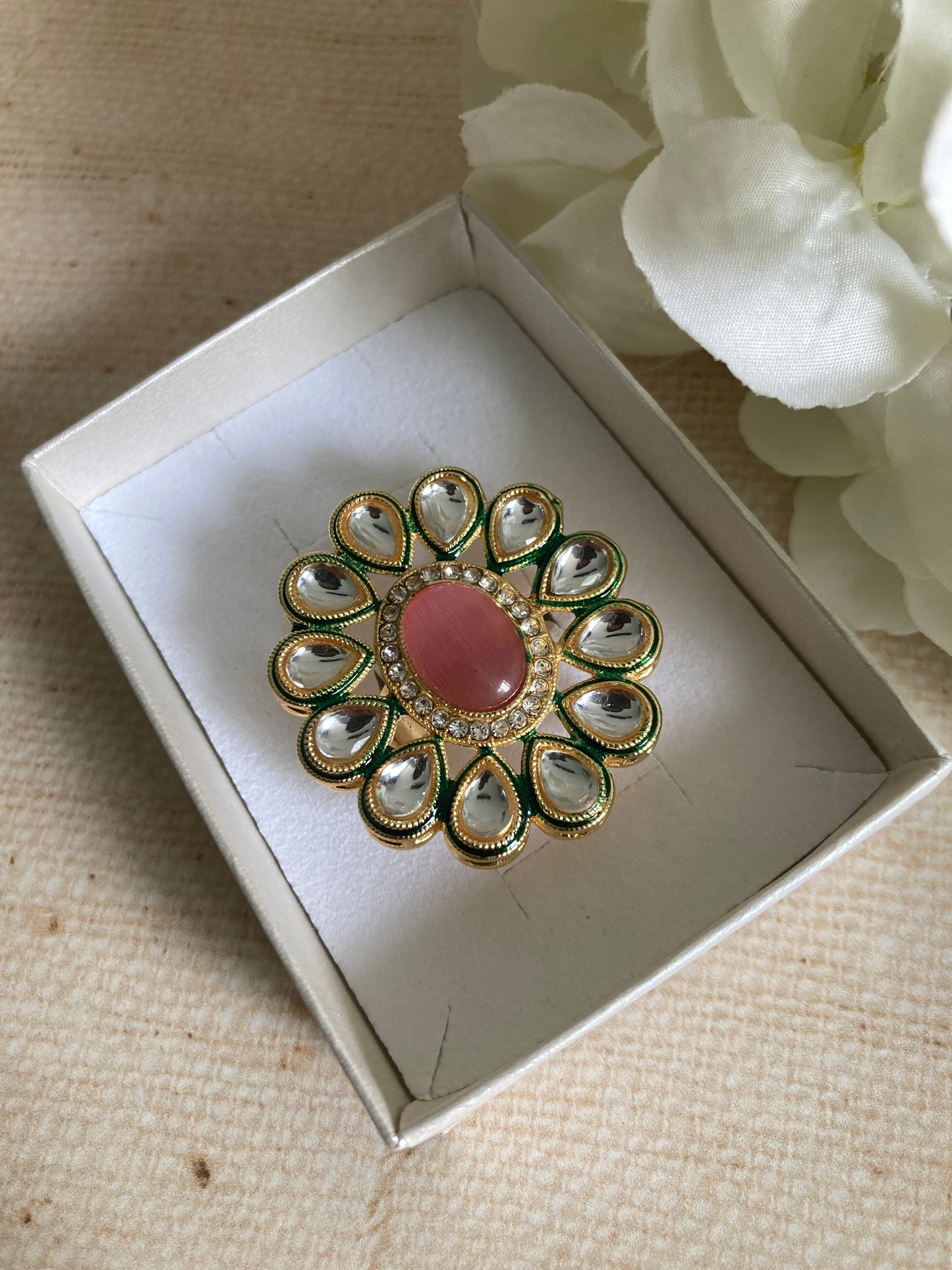 Amanat Pink Gold Plated Kundan Ring (ST855)