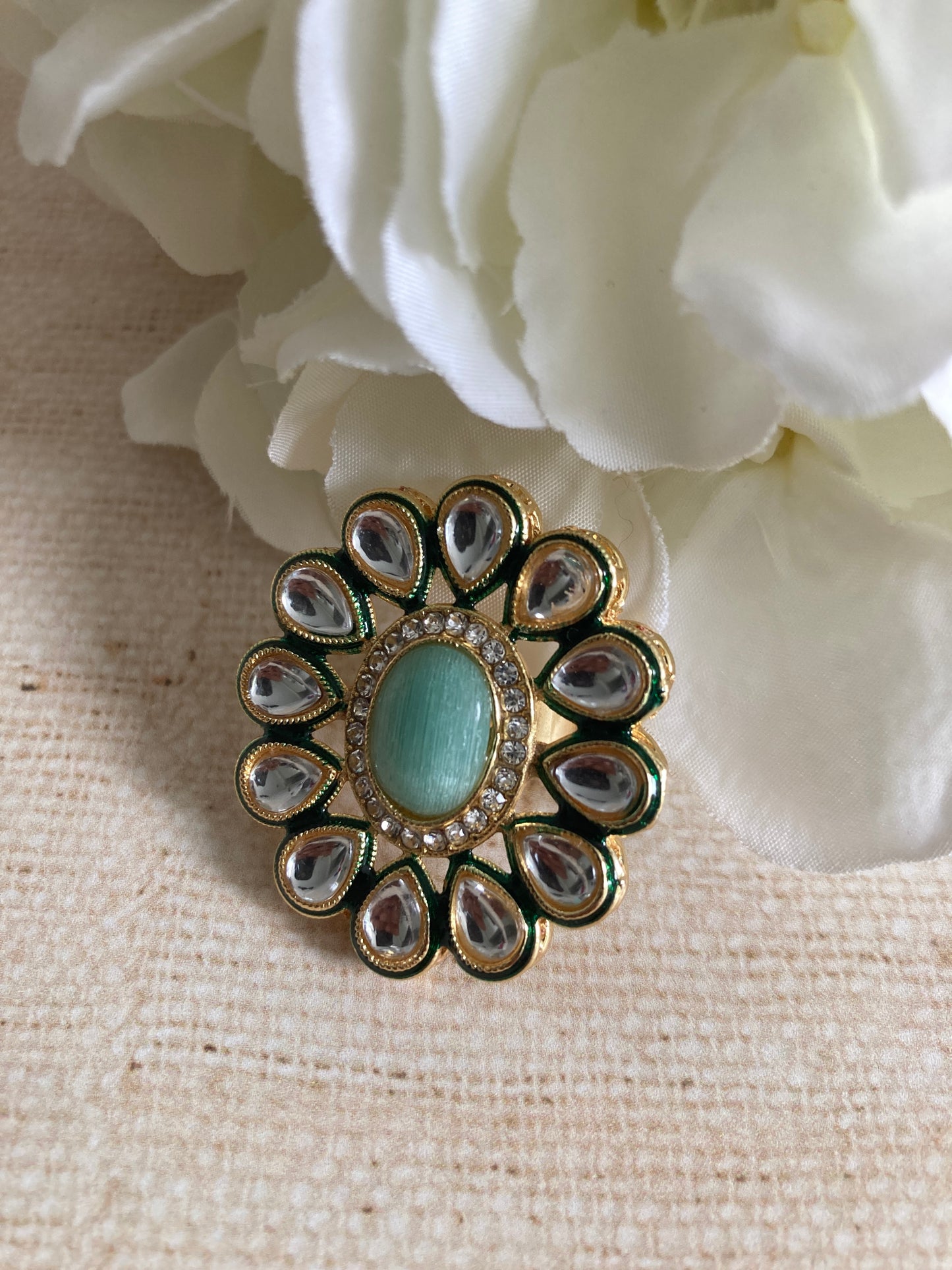 Amanat Mint Green Gold Plated Kundan Ring (ST855)