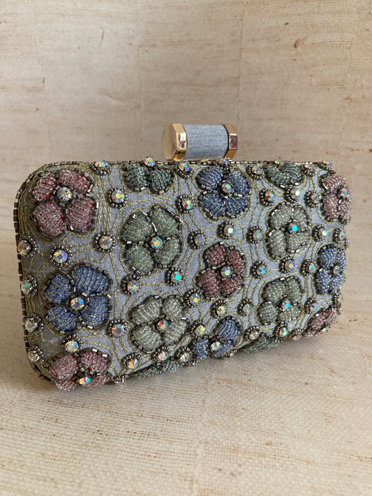 Eliza Rectangular Grey Flower Clutch (ST964)