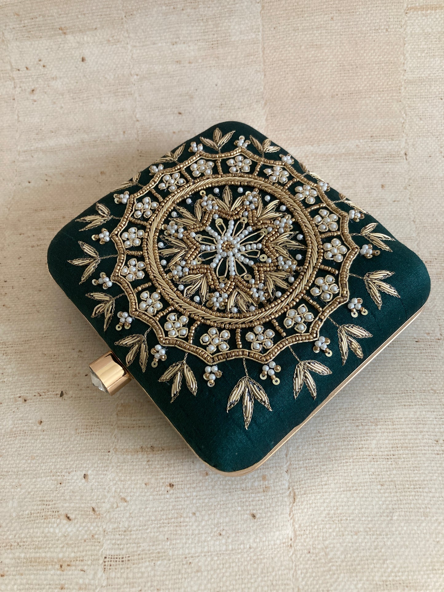 Kiran Emerald Green Mandala Design Square Clutch (ST901)