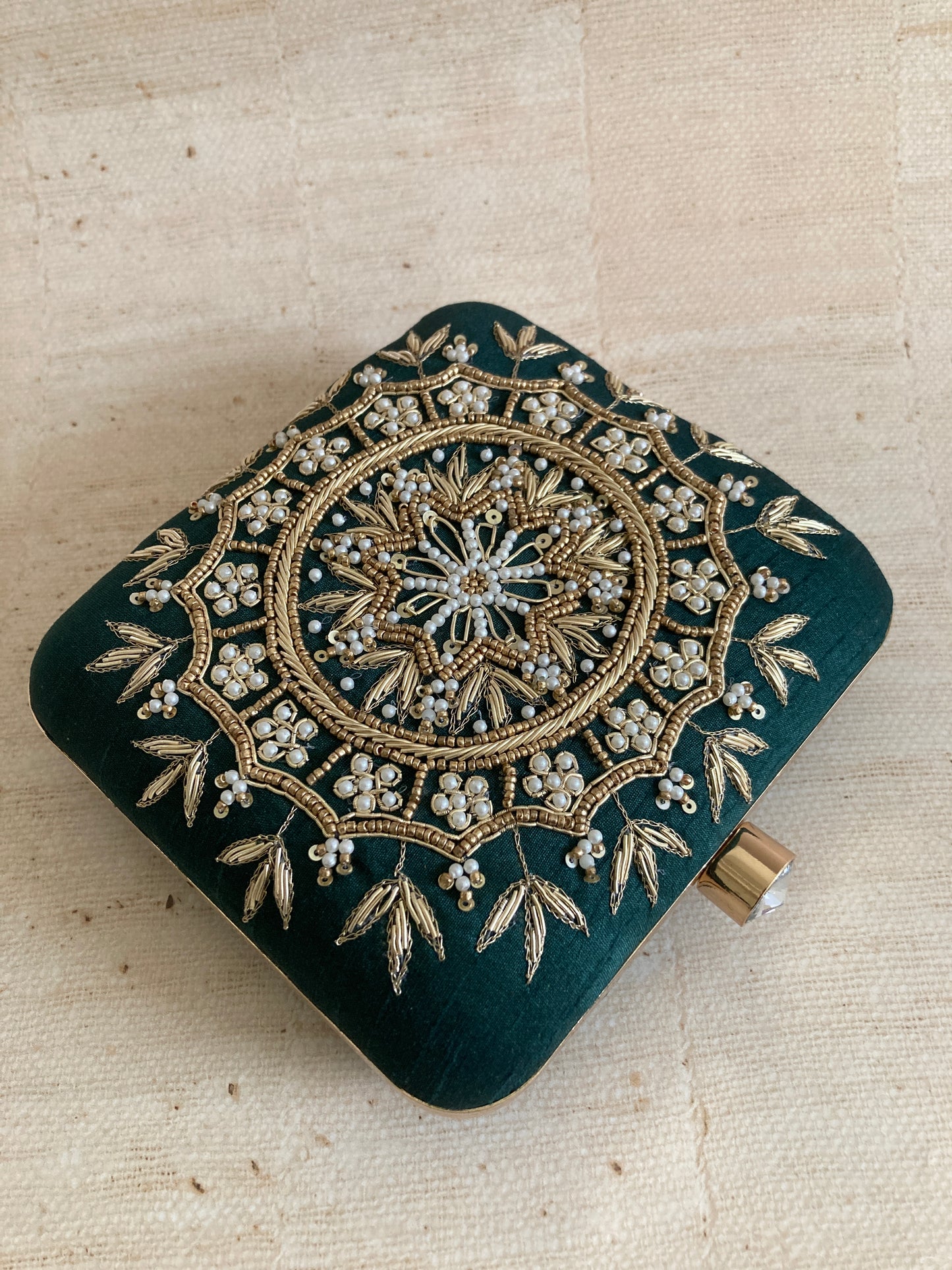 Kiran Emerald Green Mandala Design Square Clutch (ST901)