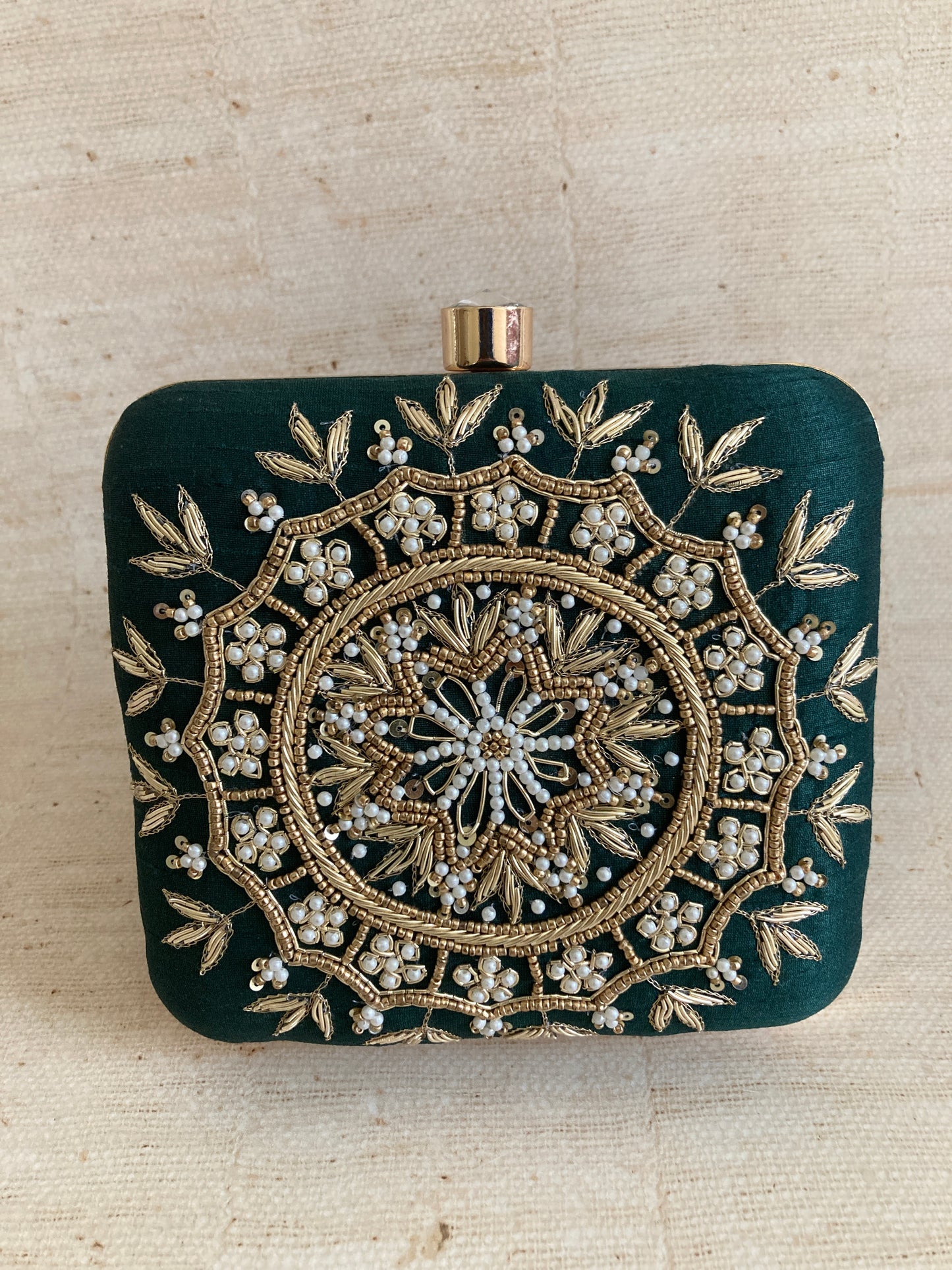 Kiran Emerald Green Mandala Design Square Clutch (ST901)