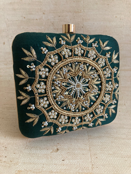 Kiran Emerald Green Mandala Design Square Clutch (ST901)