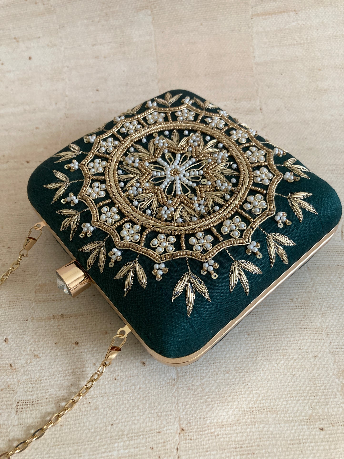 Kiran Emerald Green Mandala Design Square Clutch (ST901)