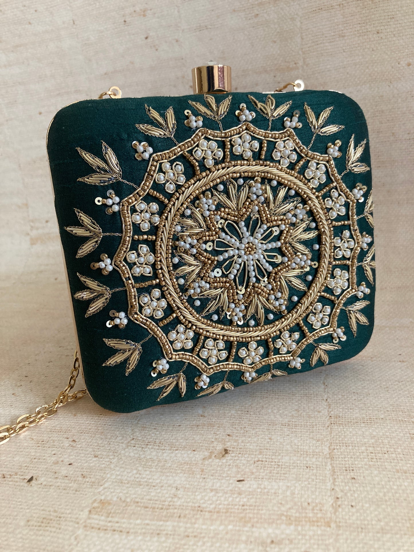 Kiran Emerald Green Mandala Design Square Clutch (ST901)