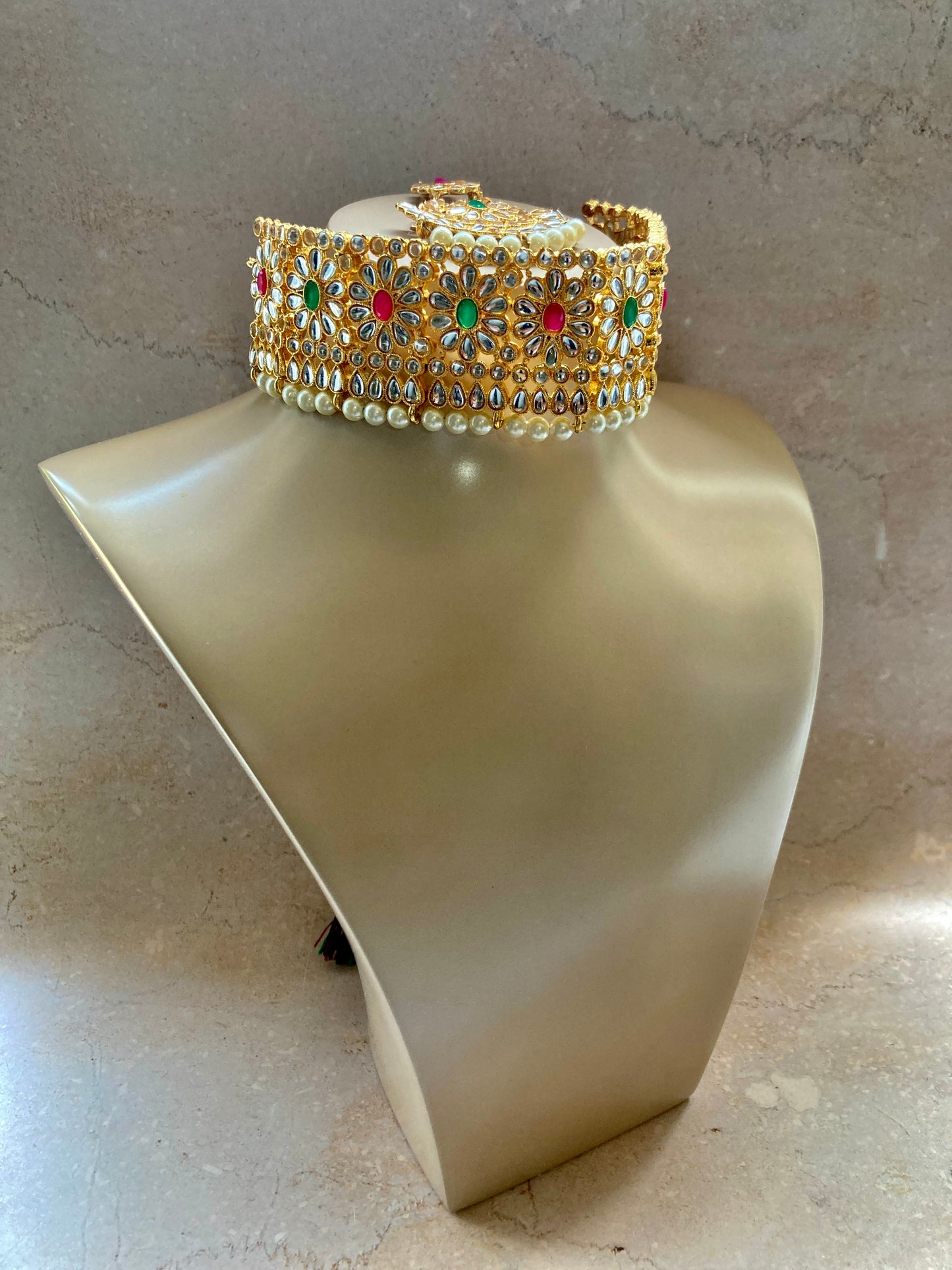 Alia Kundan & Pota Stone Gold Plated Set (ST228)(Pink And Emerald)
