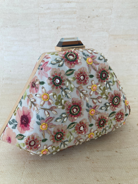 Multicoloured Amber Floral Pearl Mirror Clutch (ST294)