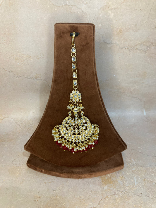 Arohi 18K Gold Plated Traditional Kundan Tikka (Maroon) (ST749)