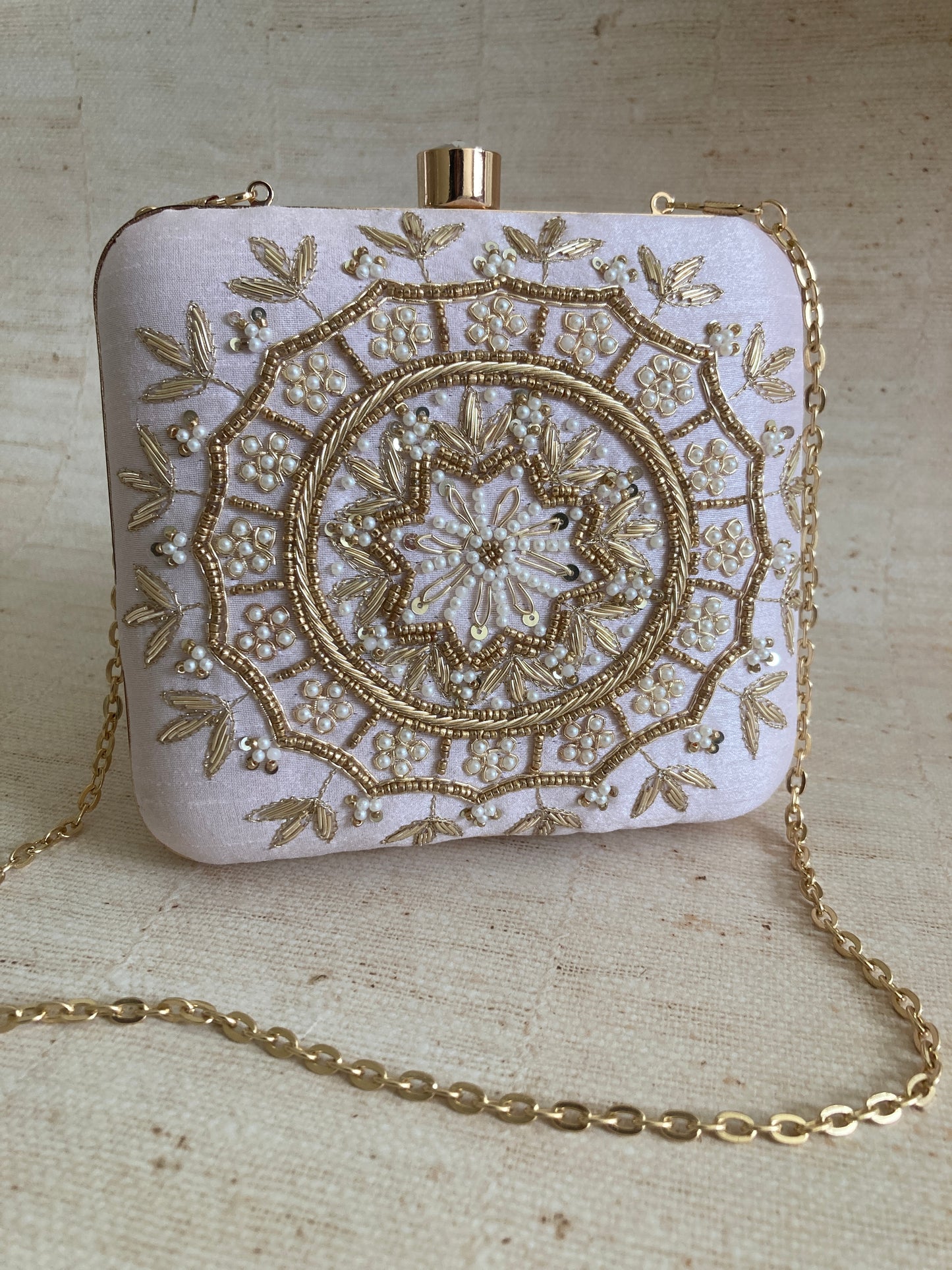 Kiran Light Pink Mandala Design Square Clutch (ST901)