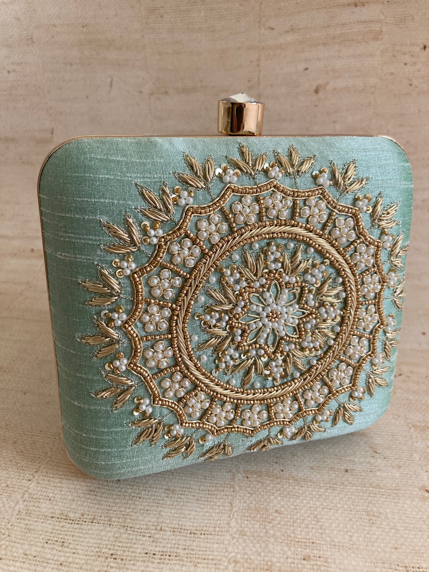 SALE Kiran Mint Green Mandala Design Square Clutch (ST901)