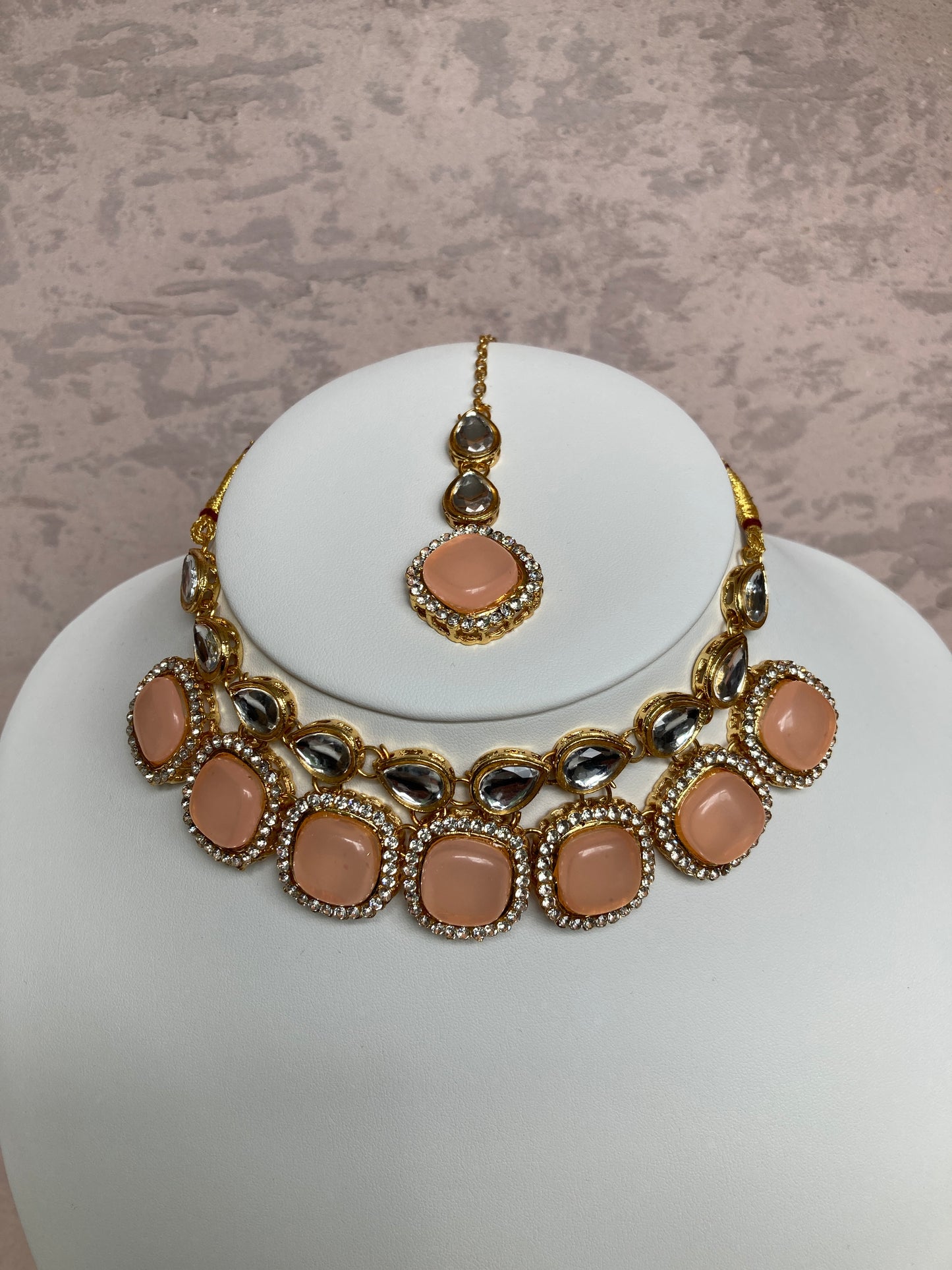 Maheen Gold Plated Crystal Stone Set (Square) (Peach) (ST716)