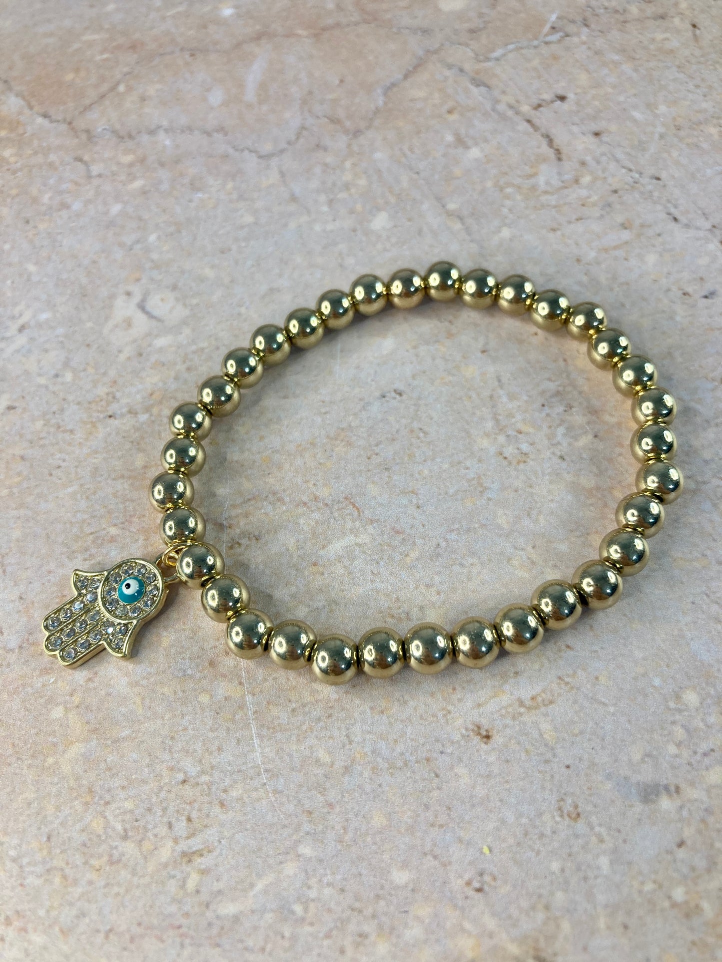 Gold Beaded Hand Of Hamsa Evil Eye Bracelet (ST767) (Light Blue)