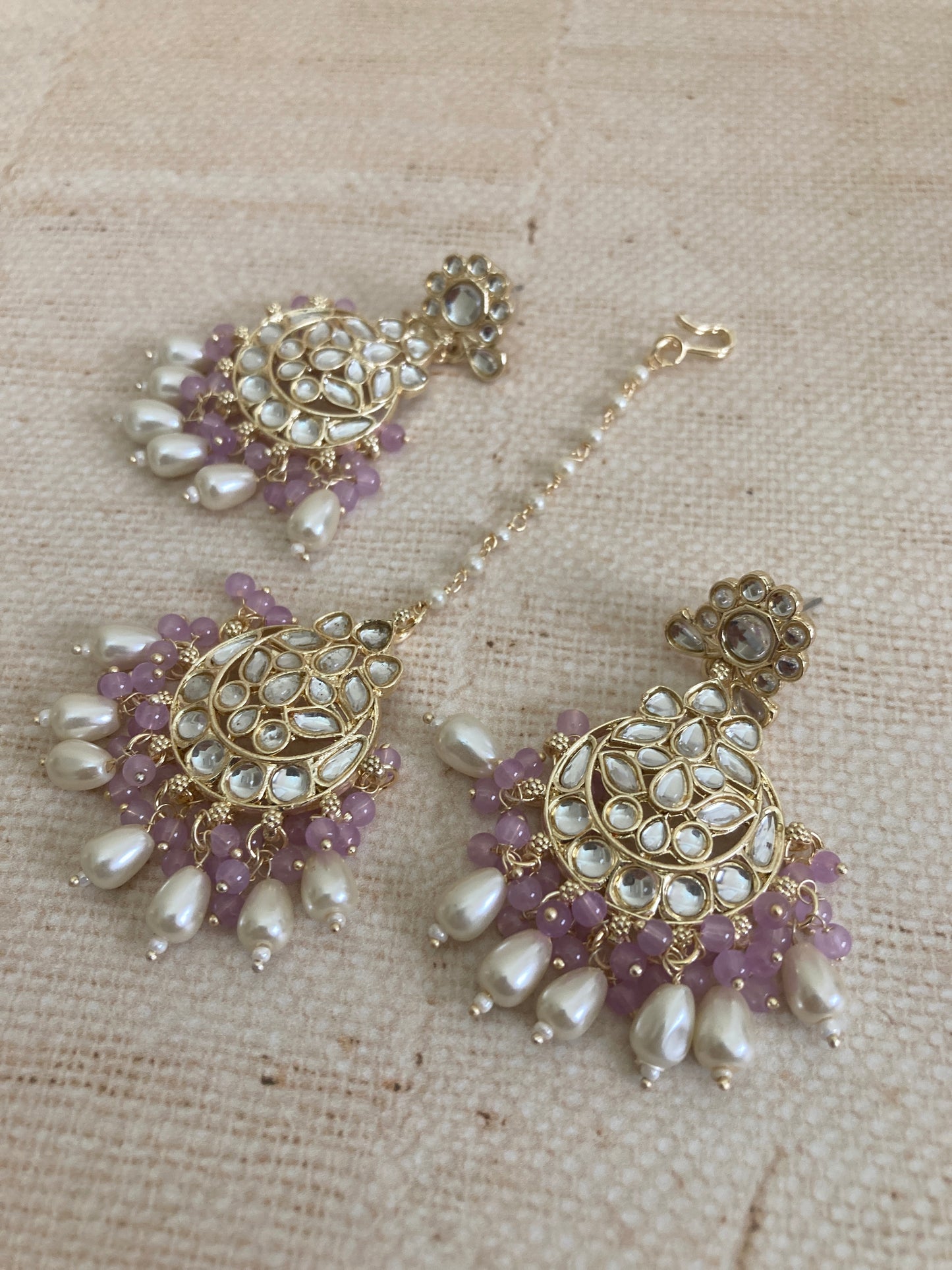 Noor Purple Gold Plated Kundan Earrings And Tikka Set (ST979)