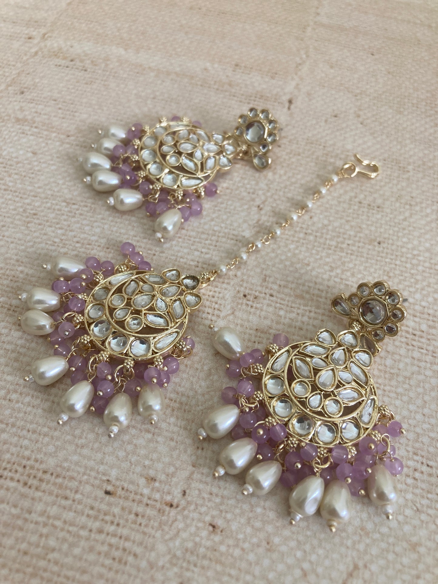 Noor Purple Gold Plated Kundan Earrings And Tikka Set (ST979)