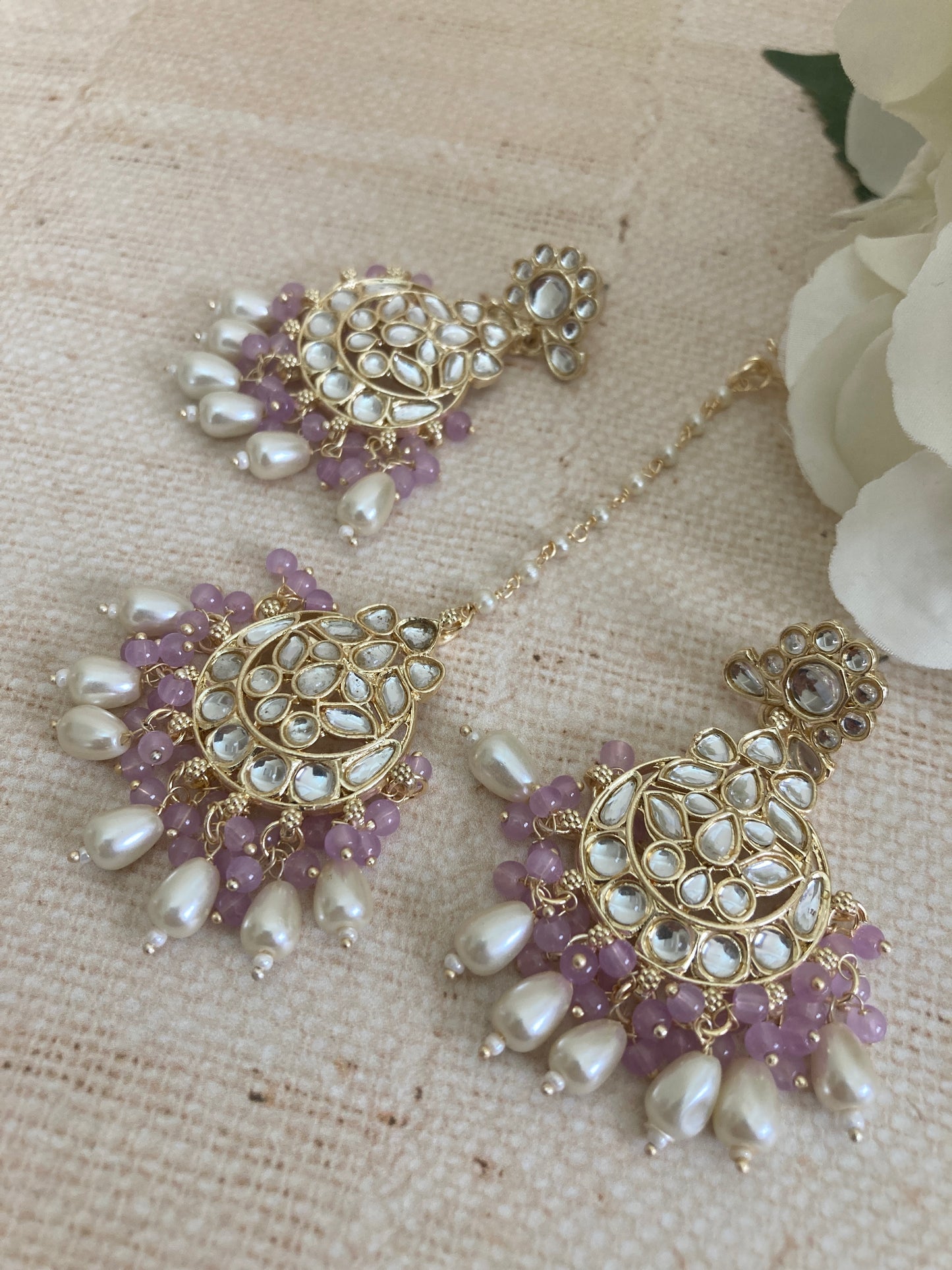 Noor Purple Gold Plated Kundan Earrings And Tikka Set (ST979)