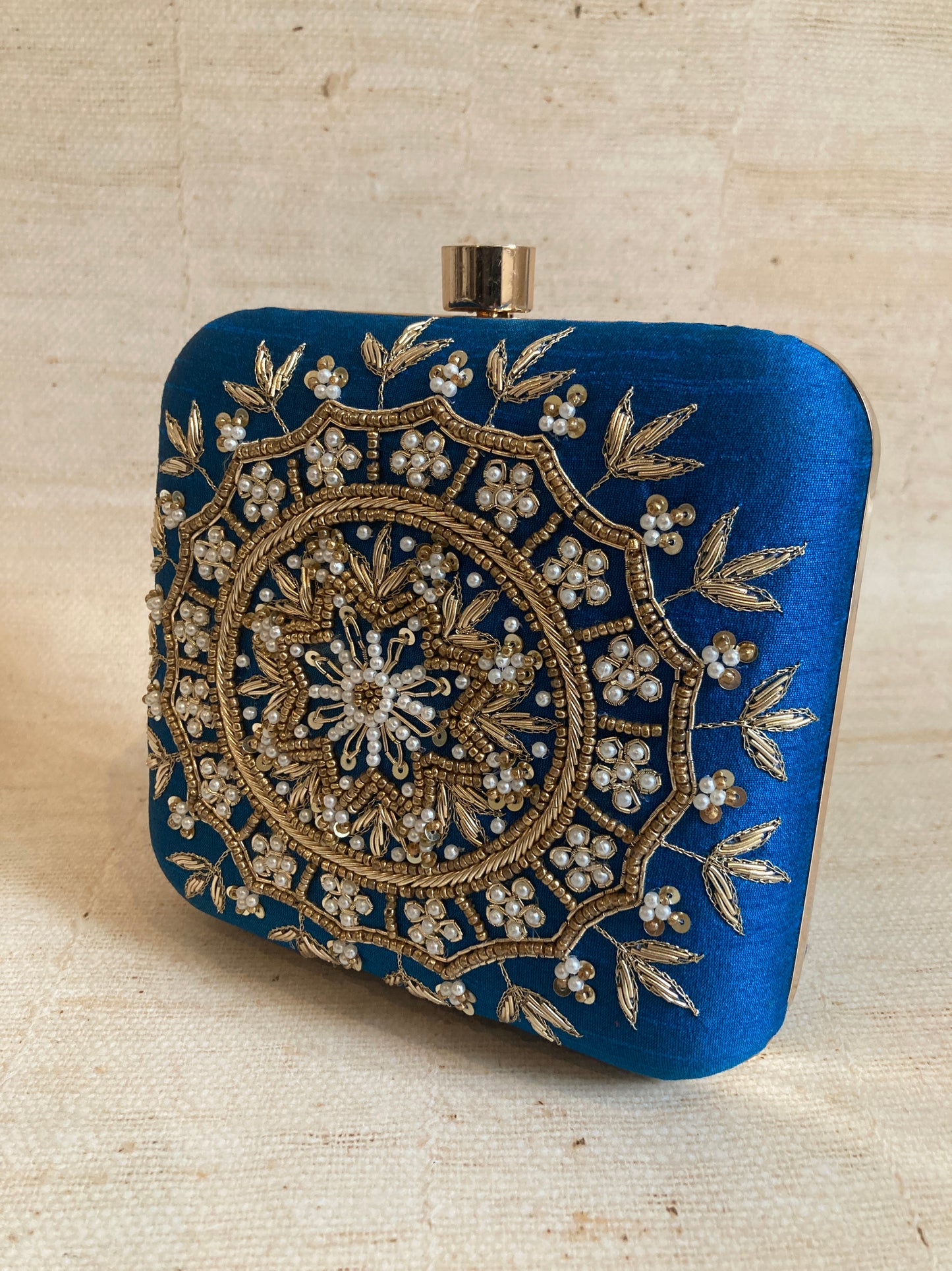 Kiran Teal Blue Mandala Design Square Clutch (ST901)