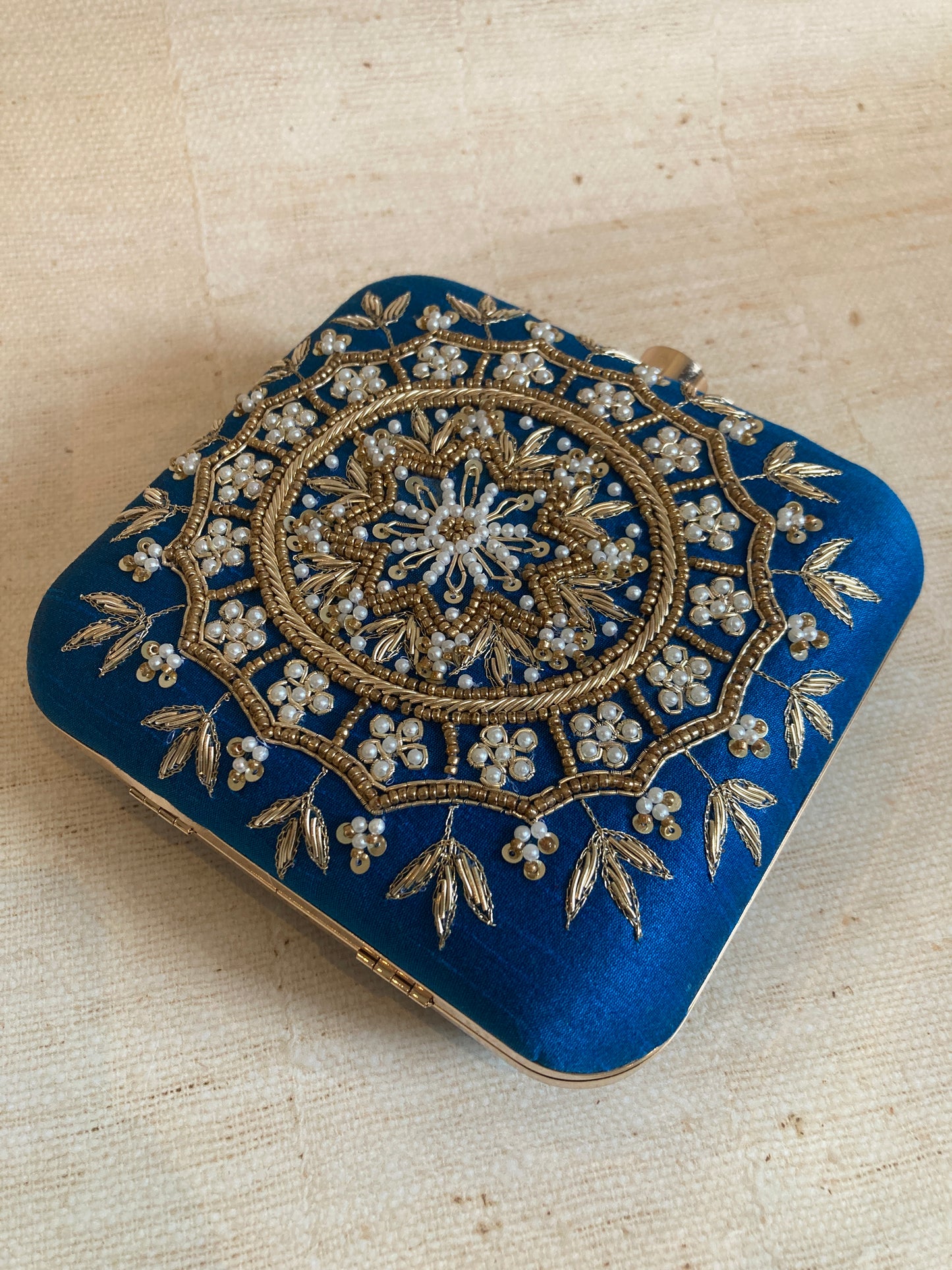 Kiran Teal Blue Mandala Design Square Clutch (ST901)