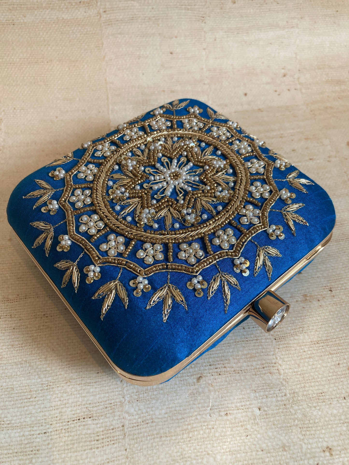 Kiran Teal Blue Mandala Design Square Clutch (ST901)