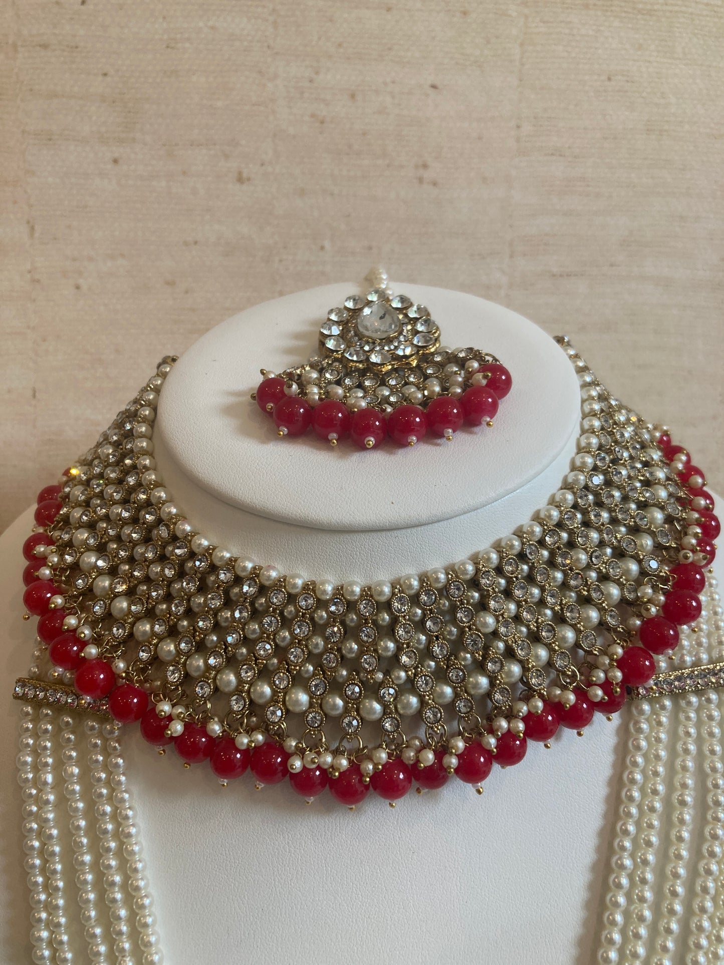 Naaz Gold Plated Meenakari And Pearl Set (ST176) (Red And Silver)