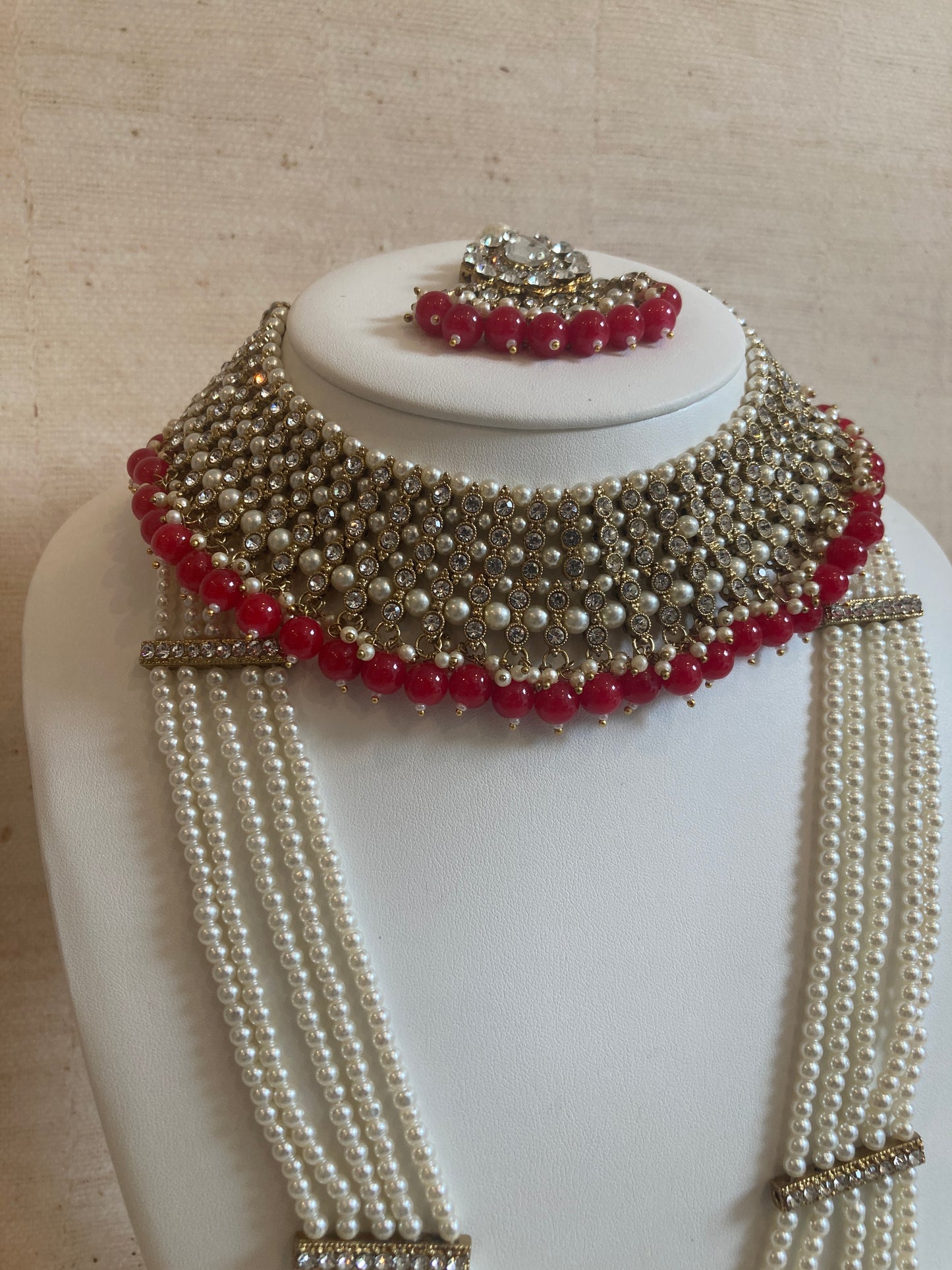 Naaz Gold Plated Meenakari And Pearl Set (ST176) (Red And Silver)