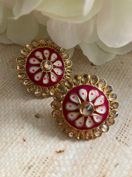 Pari Meenakari Stud Earrings (Hot Pink) (ST1007)