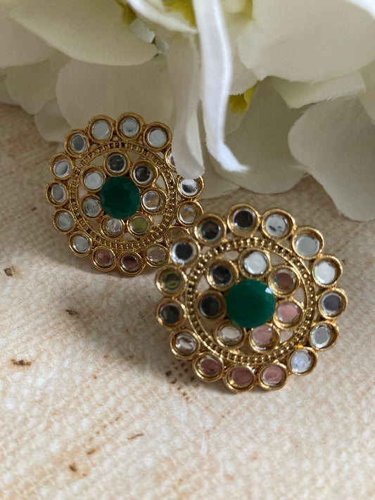 Mirror Circular Stud Earrings (Green) (ST1008)