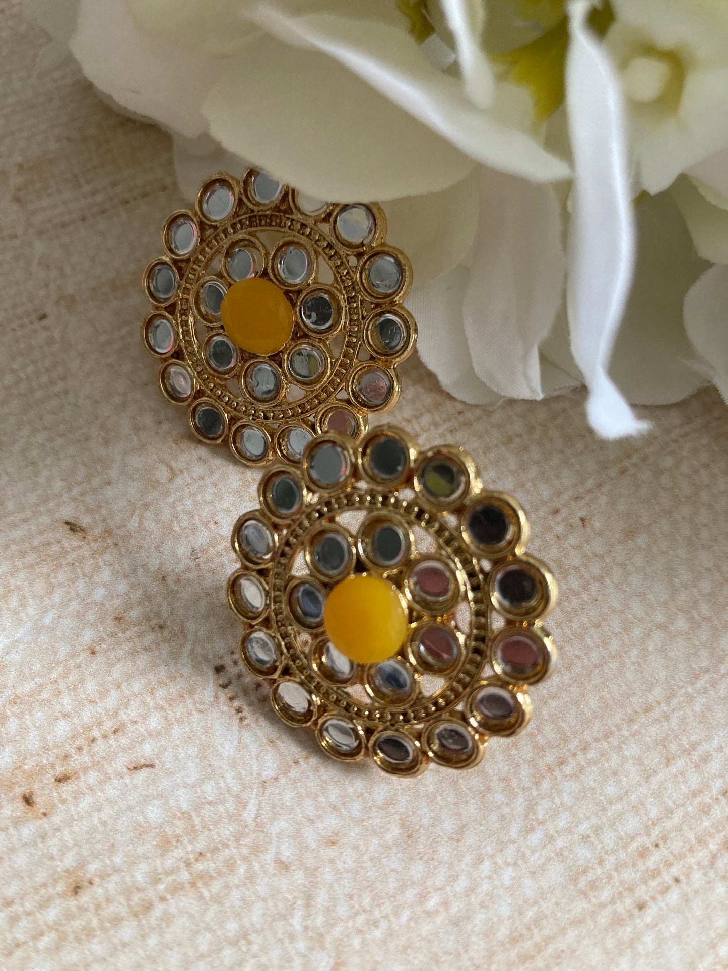 Mirror Circular Stud Earrings (Yellow) (ST1008)