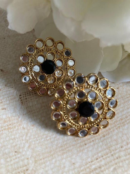 Mirror Circular Stud Earrings (Black) (ST1008)