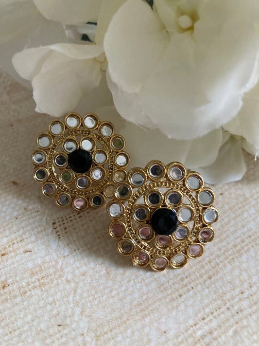 Mirror Circular Stud Earrings (Black) (ST1008)