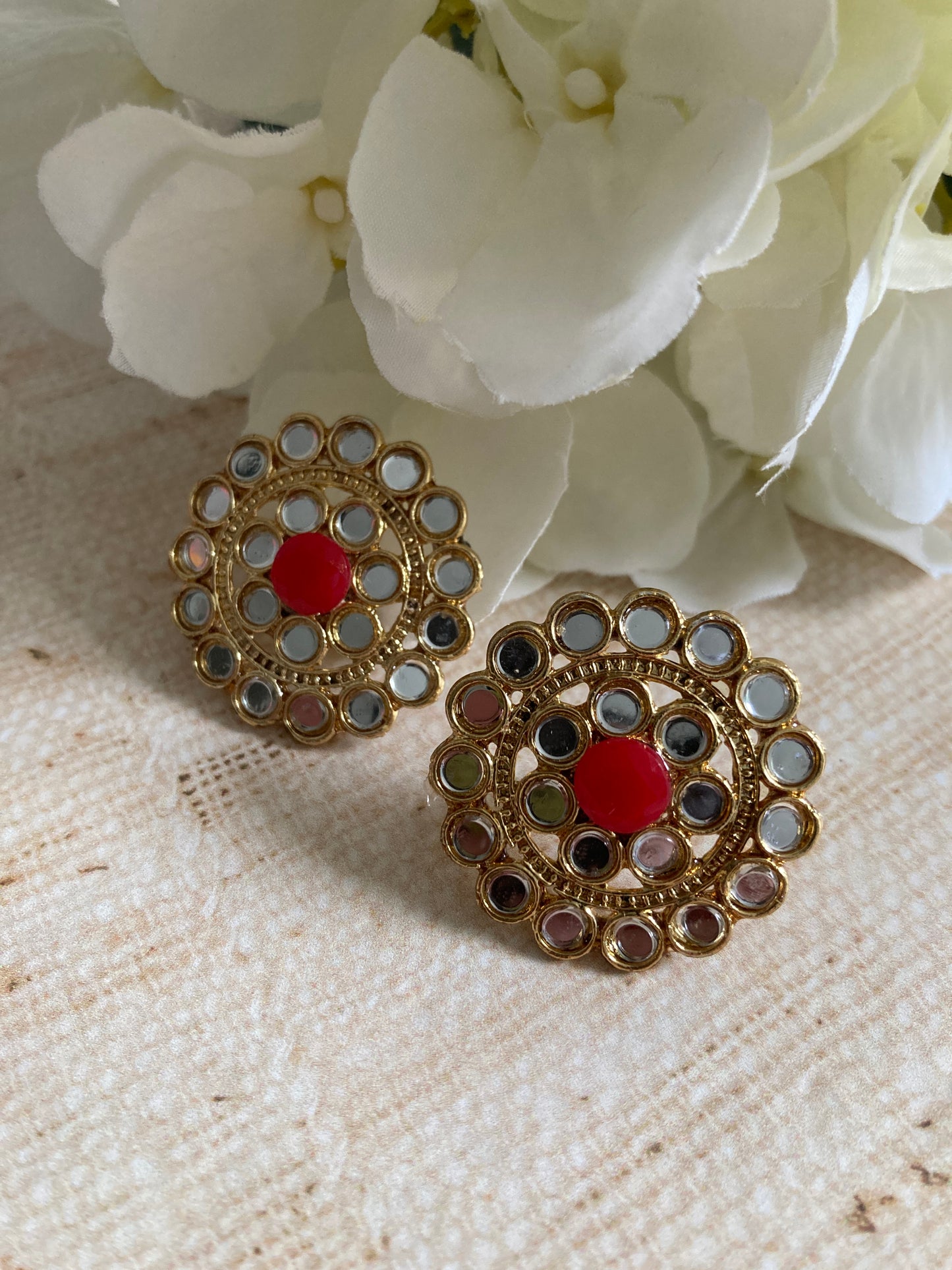 Mirror Circular Stud Earrings (Red) (ST1008)