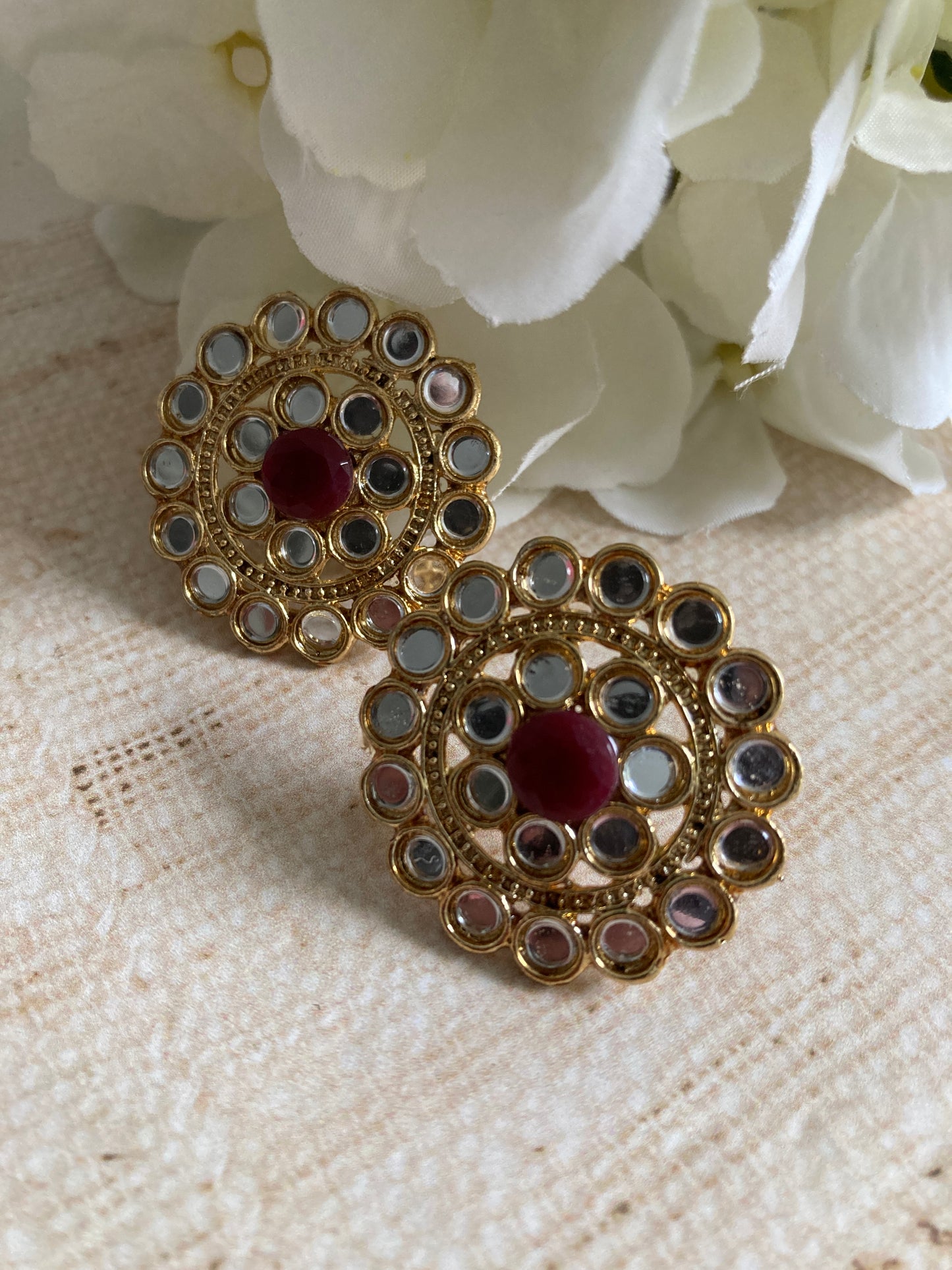 Mirror Circular Stud Earrings (Burgundy) (ST1008)